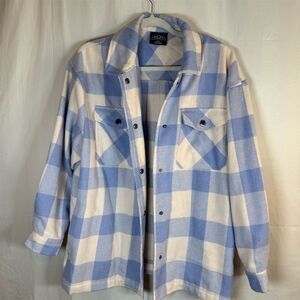 HFX Shacket Shirt Jacket Womens Size S Blue & Cream Plaid Snap Front Cozy